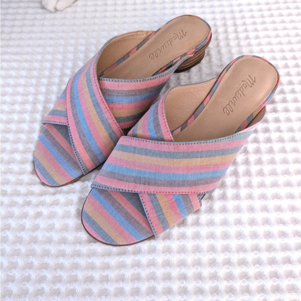 Madewell Ruthie Multicolor Striped Woven Mule Sandals Block Heel 7.5